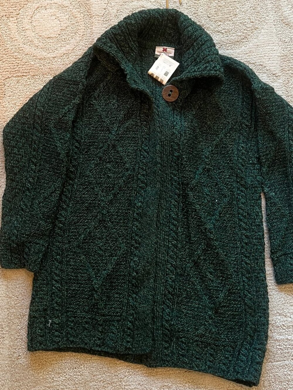 NWT Carraig Donn Irish Wool Cardigan Made in Ireland Green Cable Knit